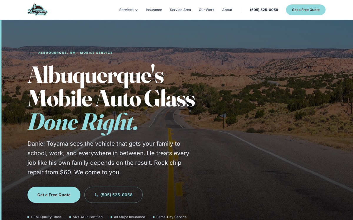 Longevity Auto Glass website homepage